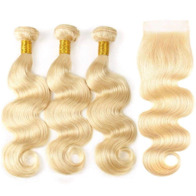 Paquetes de cabello humano rubio con cierre Extensiones de cabello humano brasileño virgen premium ondulado 613 rubio 3 paquetes con cierre de encaje 4x4 parte libre (12 14 16+10 613)