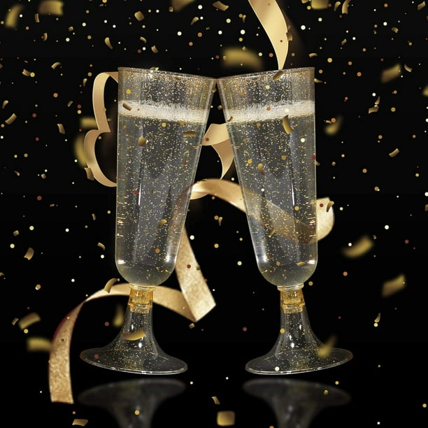 Lot de 4 flûtes à champagne en plastique - Jaune doré - Gris argenté