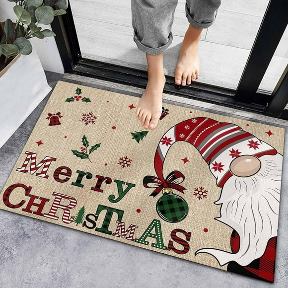 Paillasson Nain de Noël Antidérapant pour Entrée, Tapis de Cuisine Absorbant en Flocons de Neige d'Hiver, Tapis de Sol Rétro en Lin pour Salle de Bain Chambre 16x24 Po