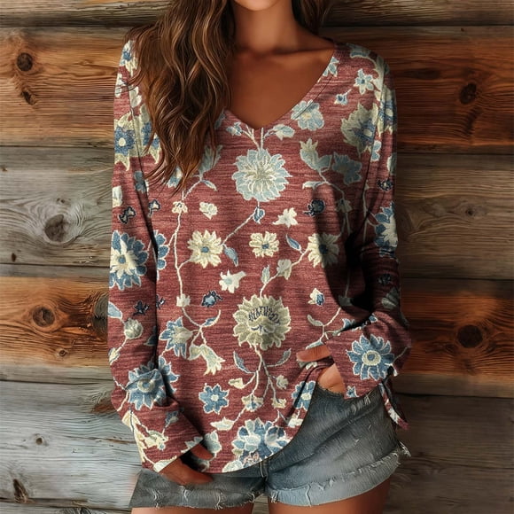 Uootdi Boho Tops for Women Ethnic Floral Printed Long Sleeve Shirts Vintage Lightweight Casual Loose Graphic Blouses Gift