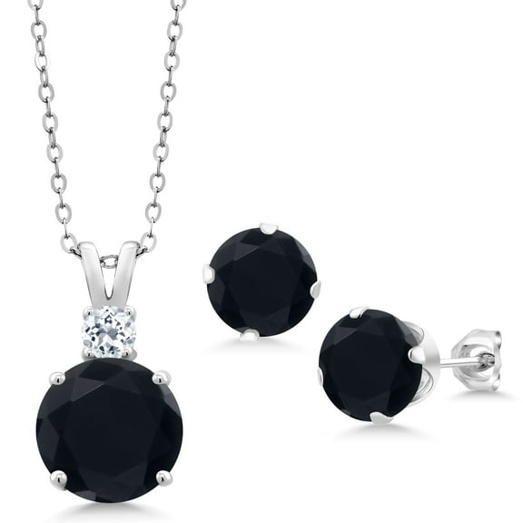 Gem Stone King 925 Sterling Silver Black Onyx and White Topaz Pendant and Earrings Jewelry Set for Women (5.77 Cttw, Round 10MM, Gemstone December Birthstone, with 18 inch Silver Chain)