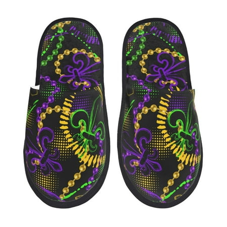 Balery Neon Mardi Gras Slient Indoor Furry Fleece Comfort House Shoes Soft Non-Slip Home Shoes Cotton slippers House Slippers-- Large