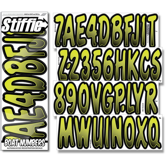 STIFFIE Waveline Electric Lime/Black 3” Boat  PWC Registration Decals • Numbers Letters Stickers