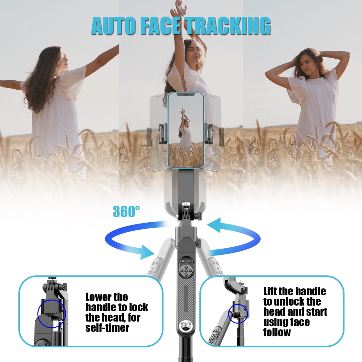Performance Master 71 inch Smart Selfie Stick & Tripod 360° Rotation with Remote AI Gesture Control