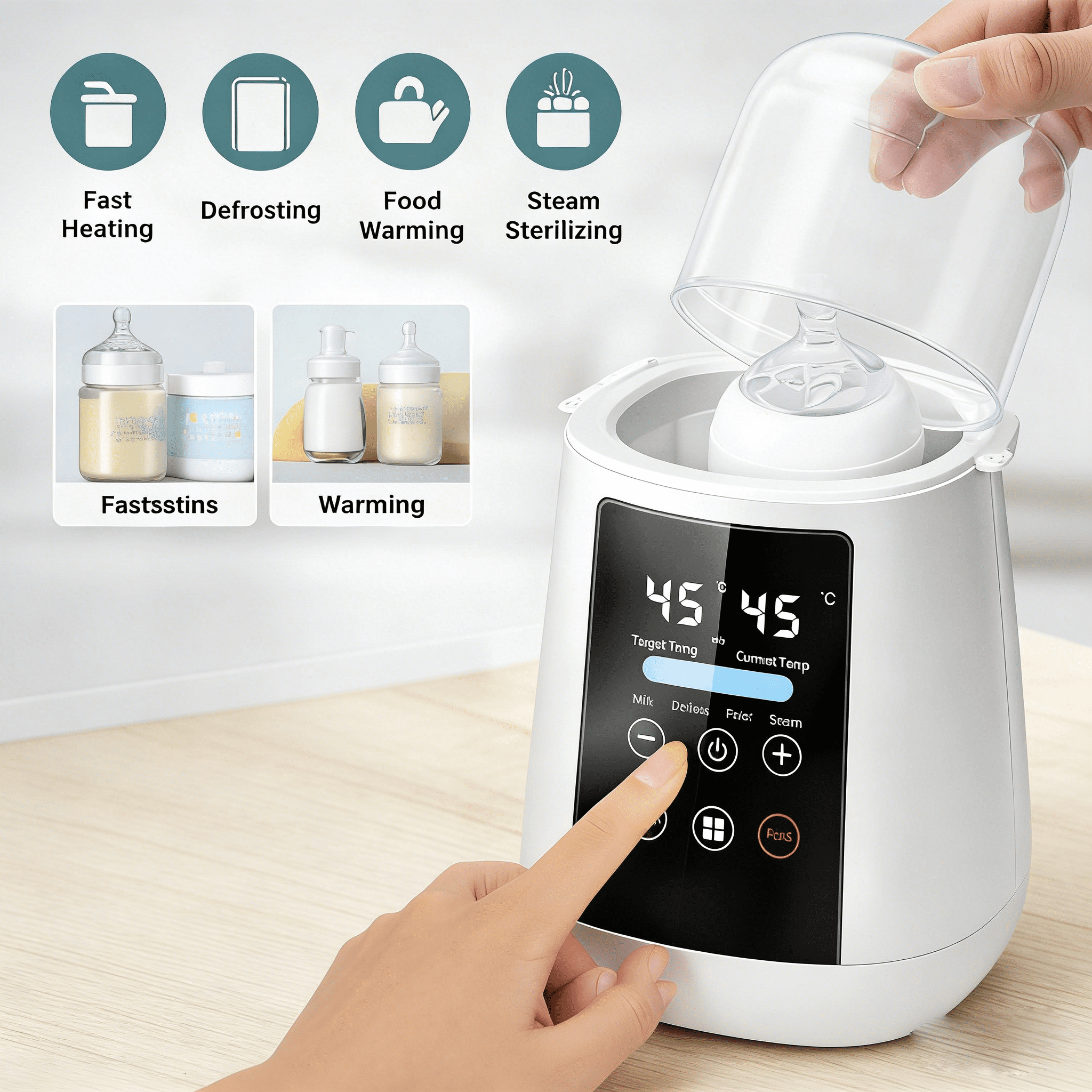 Baby Bottle Warmer, Fast Heating & Defrosting Breastmilk Warmer with Food Warming and Steam Sterilizer, Precise Temperature Control LCD Touch Scree