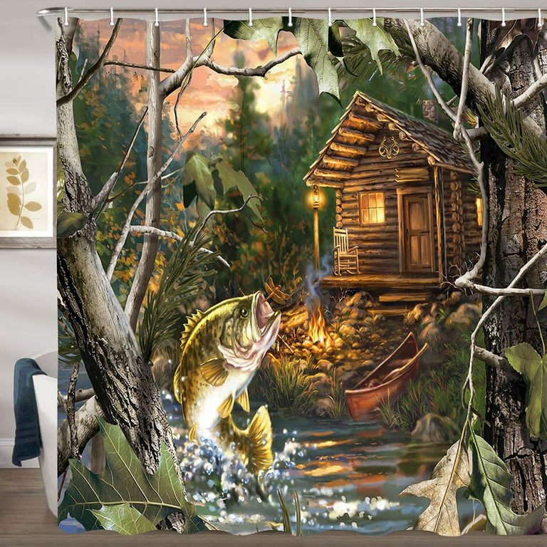 Newhomestyle Farmhouse Camo Shower Curtain, Bass Fish Wildlife Nature Lodge  Forest with Lake Hunting Shower Curtains Set Decor 12 Hooks 72X72 inch 