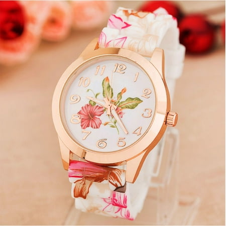 amousa Watch Women Girl Watch Silicone Printed Flower Causal Quartz WristWatches PK