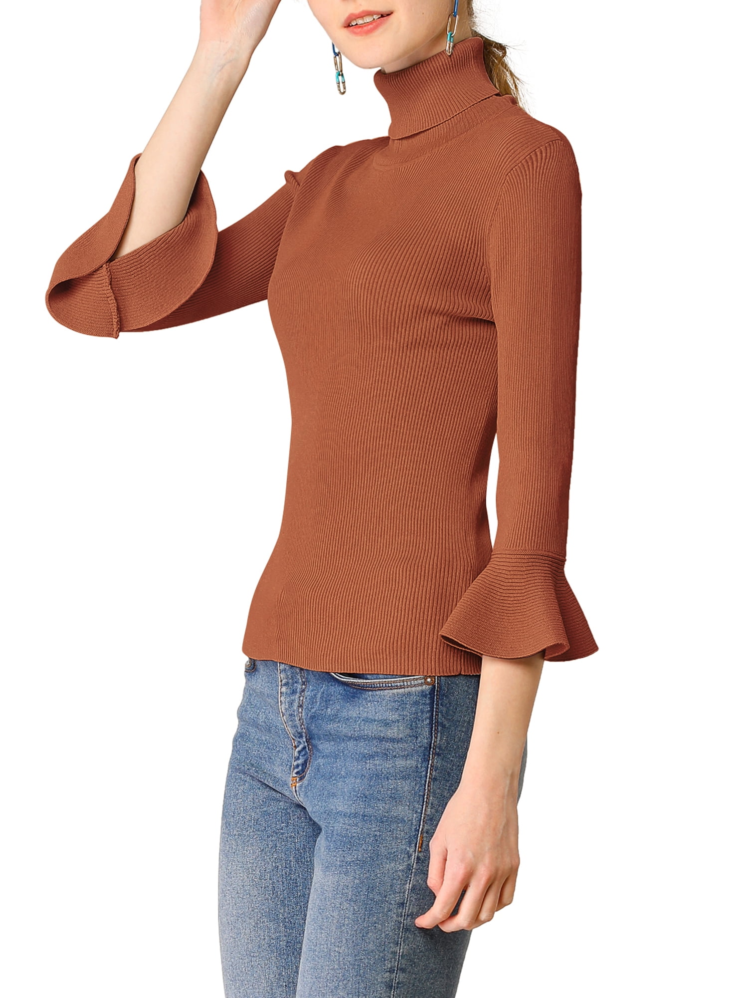 DARING DIVA Women's Ruffle Sleeves Pullover Knit Turtleneck Sweater XS Caramel