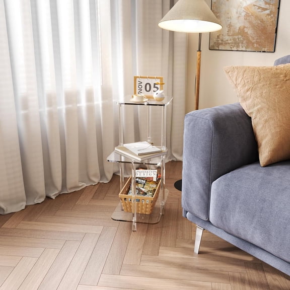 Acrylic 3 Tiers Side Table - Square Step End Table - Clear Nightstand Small Bedside Table Accent Entryway Table, for Living Room, Bedroom, Hallway