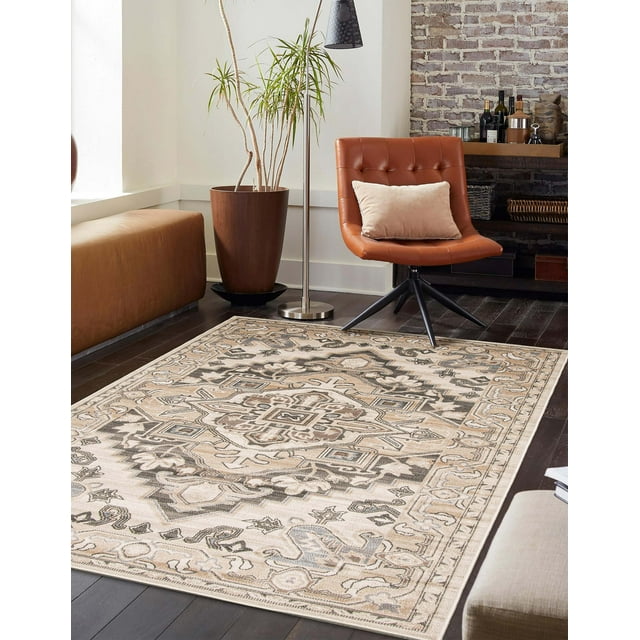 ECARPET Addie traditional area rug featuring beige, gray, and cream geometric and floral designs on dark hardwood floor with contemporary furniture around.