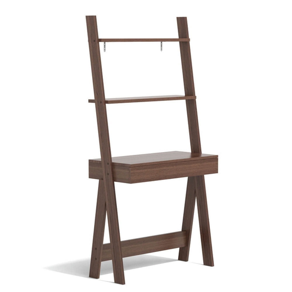 Demi Bonn 3-Tier Ladder Bookshelf, Desk Bookcase with Countertop Drawer and 2 Shelves, Brown
