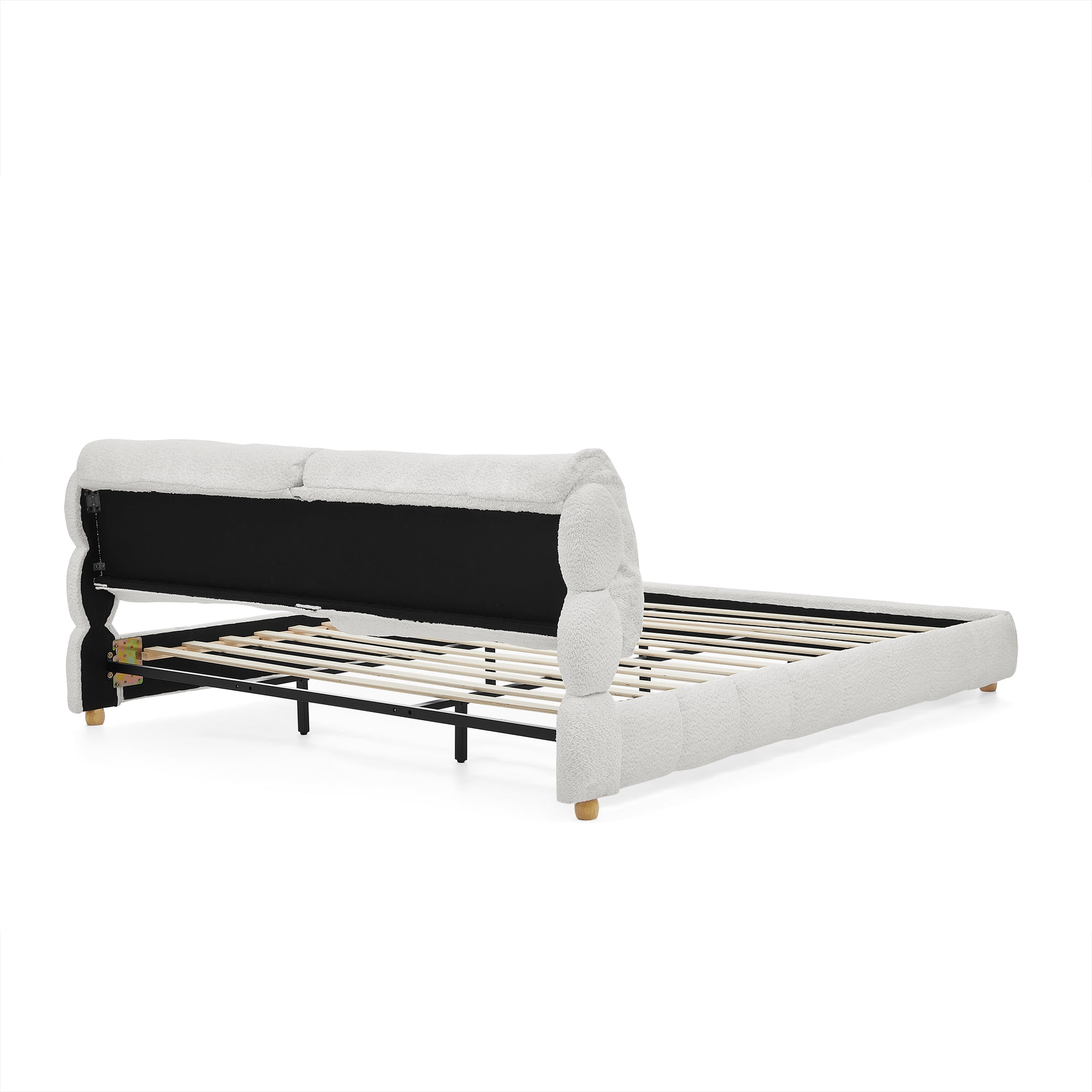 T-Serenity Soft Cloud-Like Boucle Fabric Up-holstered Platform Bed with Solid Wood Legs, No Box Spring Needed, King, Beige