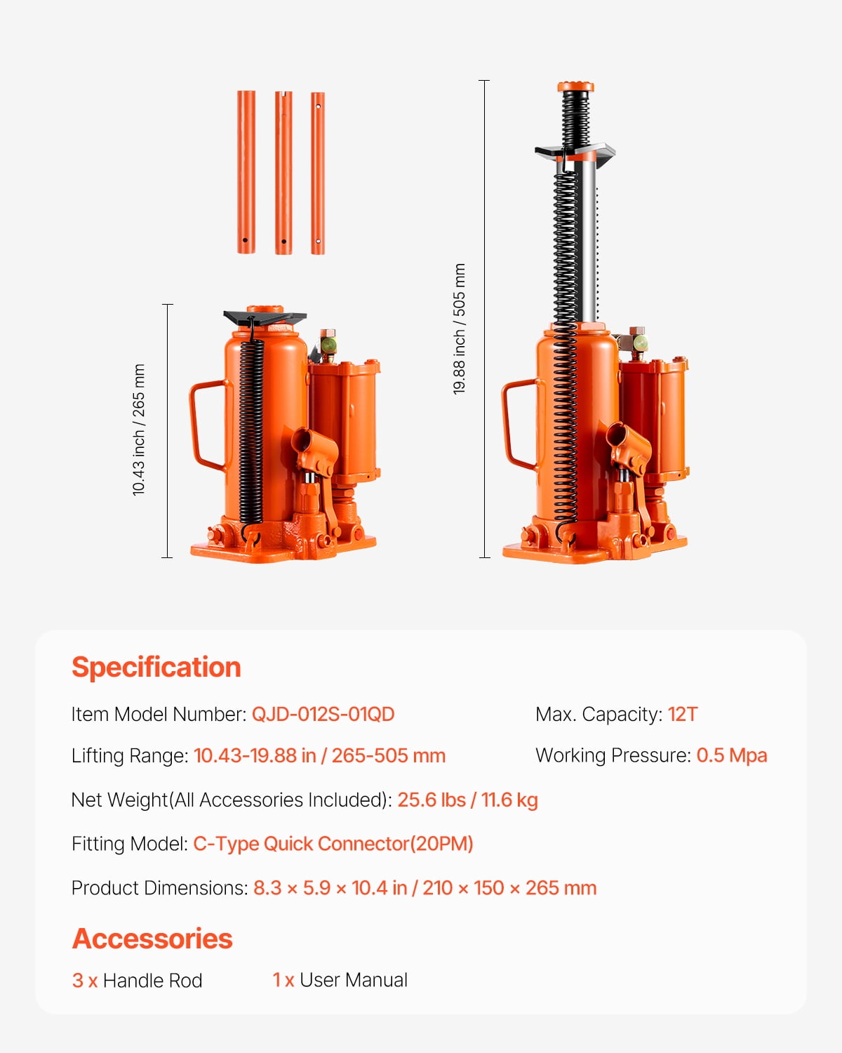 VEVOR Air Hydraulic Bottle Jack, 12 Ton/26455 lbs Pneumatic Hydraulic Bottle Jack with 10.43''-19.88'' Lifting Range & Manual Hand Pump