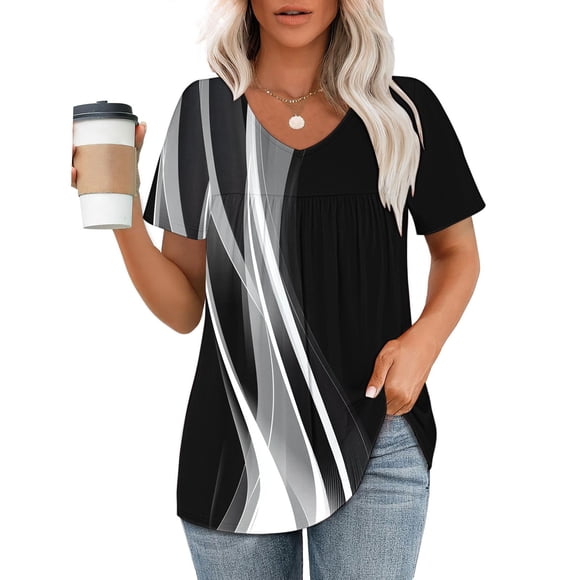 Ichuanyi T-Shirts Décontractés pour Femmes Col en V Manches Courtes Hauts d'Été Amples T-shirt Imprimé Col en V Manches Courtes Ample