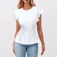 thumbnail image 2 of MIXUE Women Blouses Summer Solid Color Round Neck Short Sleeve Pleated Elegant Womens Tops Holiday Wear,White,XL, 2 of 5