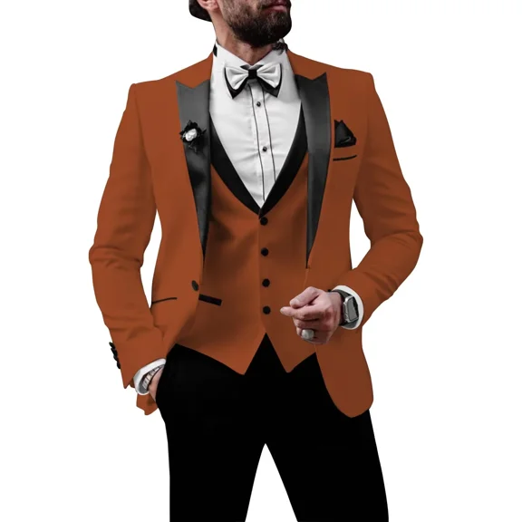 Plus Size Men's 3 Piece Slim Fit Orange Suit Set One Button Blazer Jacket Pants Tuxedo Set for Prom, Wedding and Business, 6XL