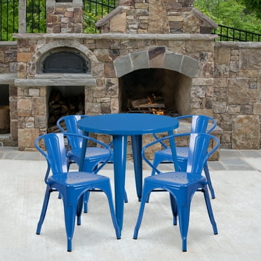 BizChair Commercial Grade 30" Round Blue Metal Indoor-Outdoor Table Set with 4 Arm Chairs