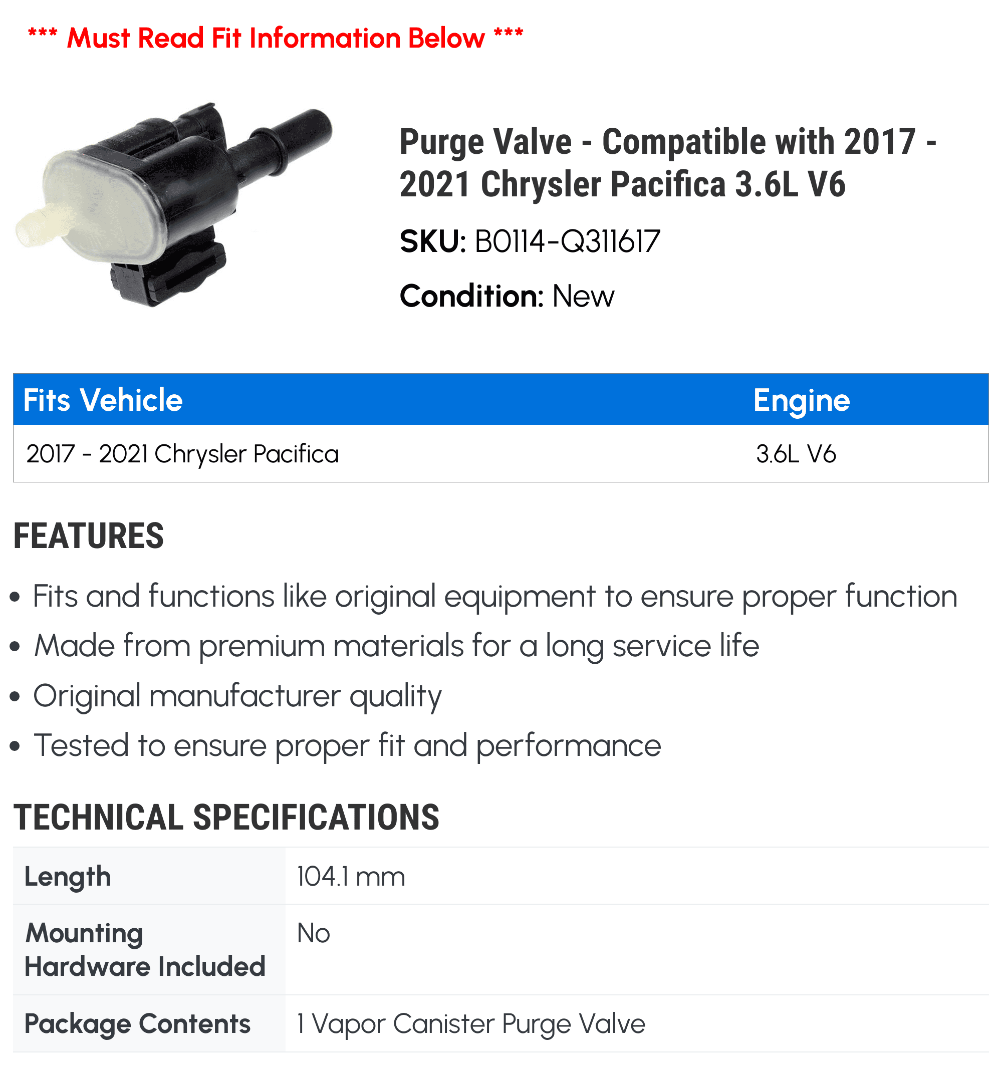 Purge Valve - Compatible with 2017 - 2021 Chrysler Pacifica 3.6L V6 - Dorman