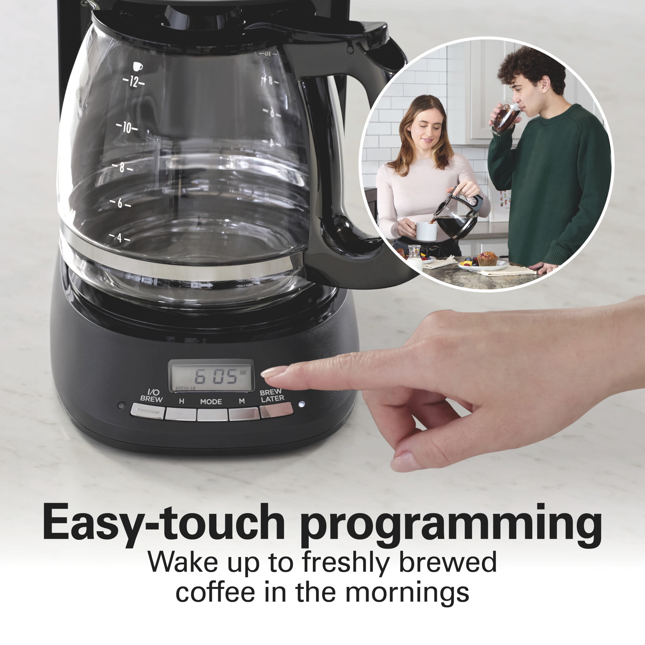 Hamilton Beach 12 Cup Programmable Coffee Maker, Borosilicate Glass Carafe, Matte Black