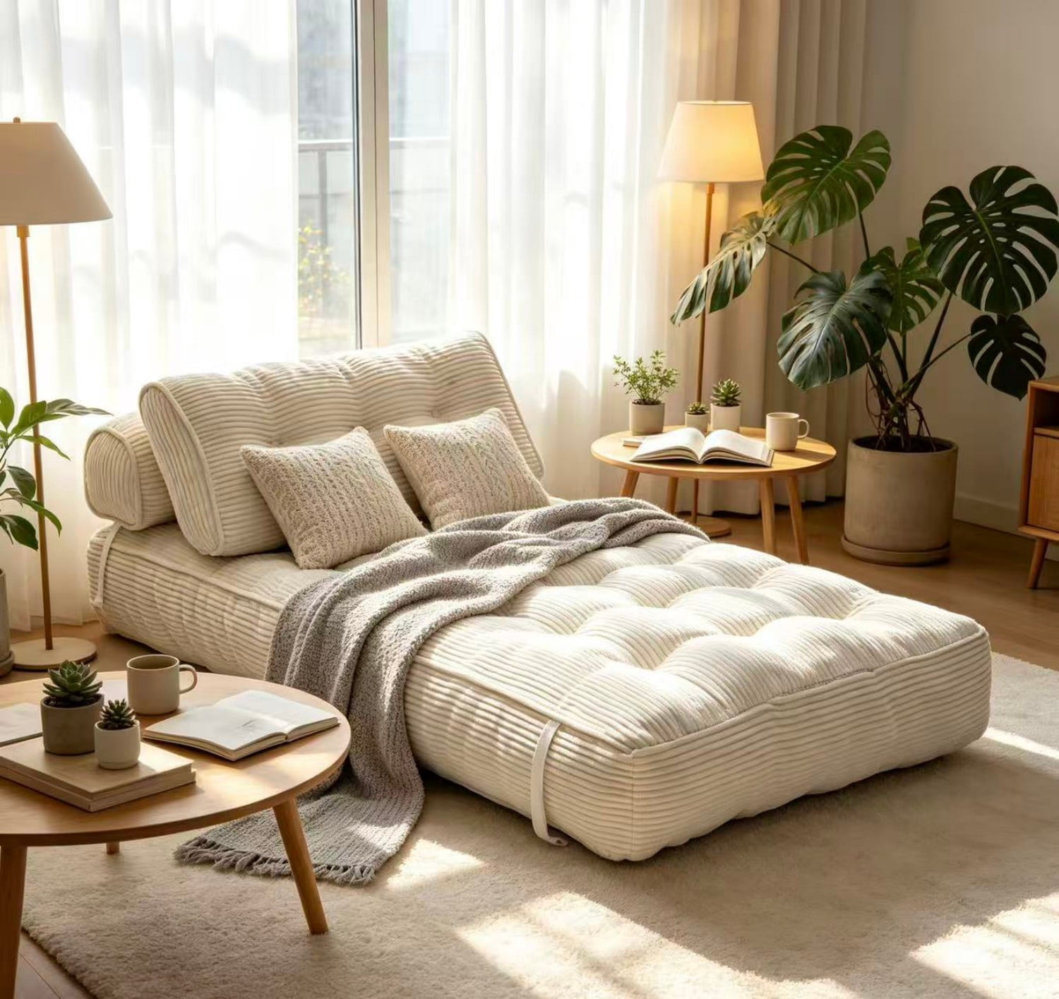 Folding Sofa Bed, Convertible Sleeper Chair Bed with Headrest & Lumbar Pillow, Foldable Floor Sofa Mattress for Living Room, Bedroom, Small Space, White