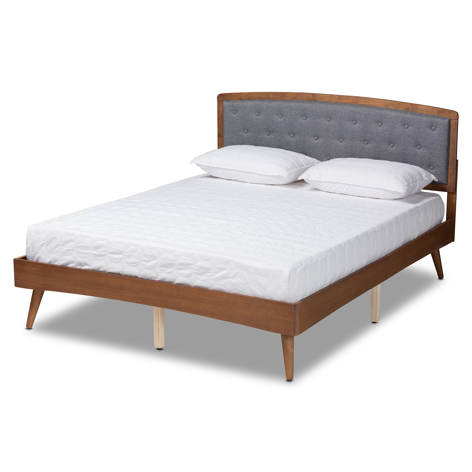 Baxton Studio Ratana Mid-Century Modern Transitional Grey Fabric Upholstered and Walnut Brown Finished Wood, King Size Platform Bed