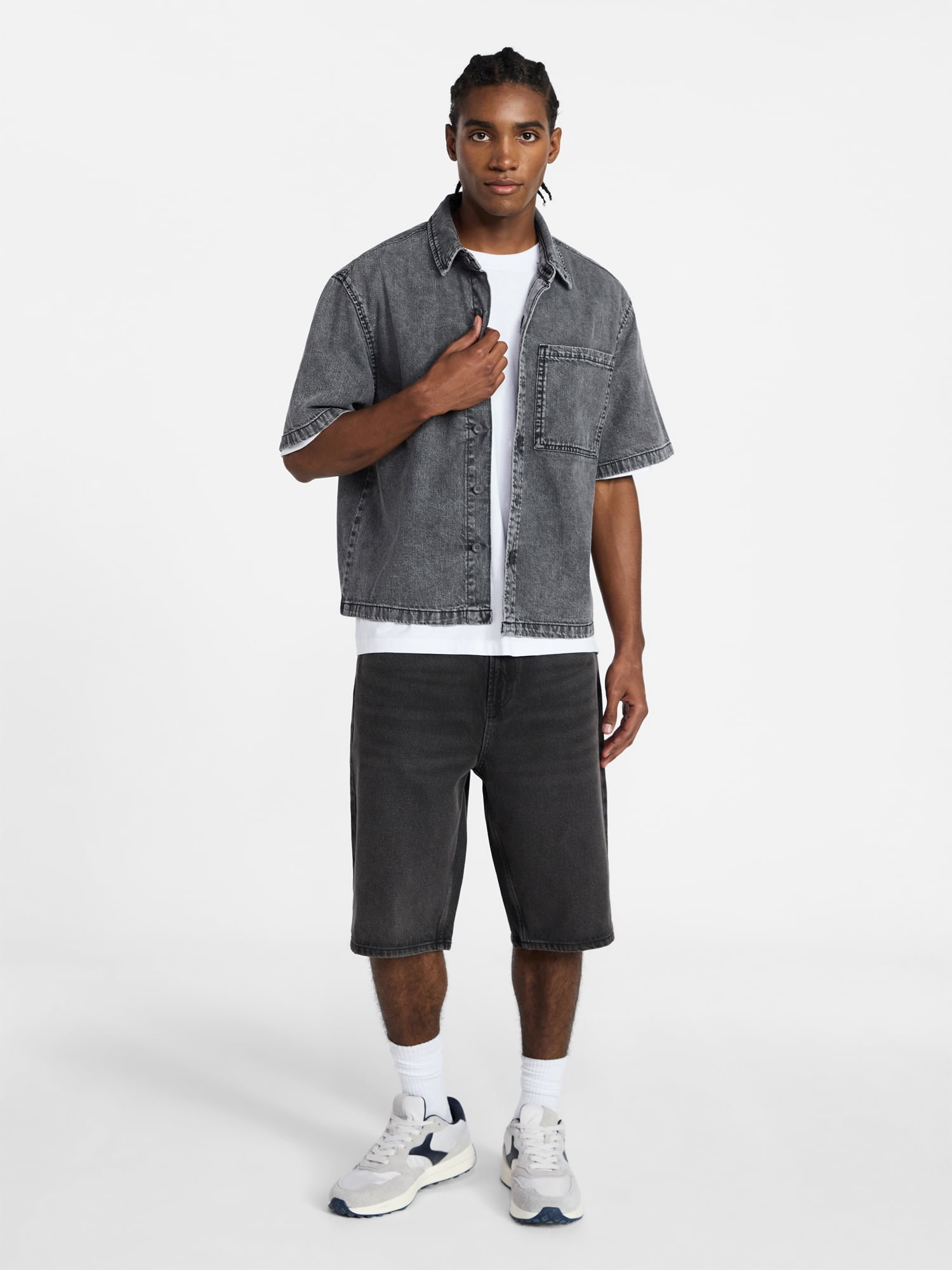 No Boundaries Denim Boxy Fit Shirt with Short Sleeves, Men's XS-4XLT