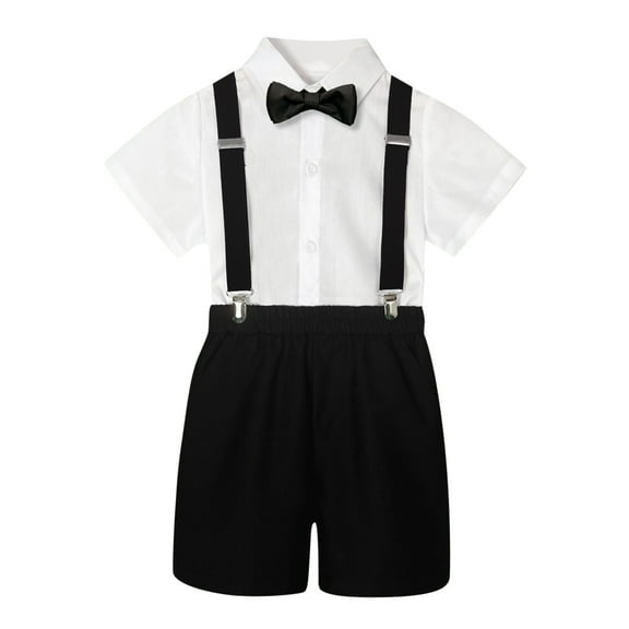 REDARER Boys Summer Short Sleeved Shirt Suspenders Shorts Bow Tie 4PC Children Performance Suit,3-4 Years