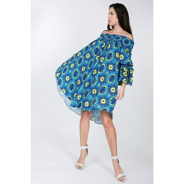 Puffy Ruffle Sleeve Smocking Off Shoulder Print Midi Dress M