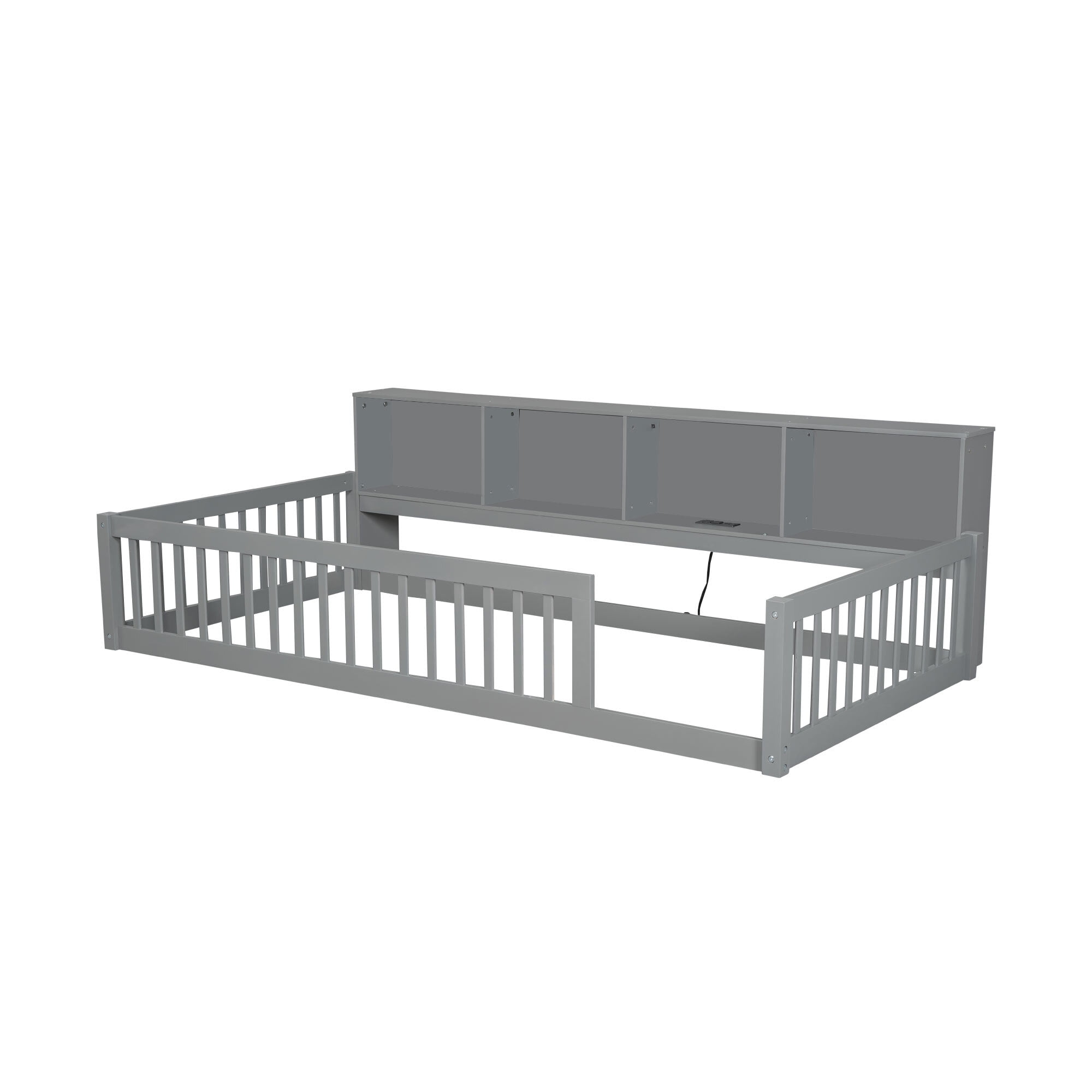 Euroco Wood Twin XL Platform Bed, Floor Bed with Storage and USB Ports, Gray