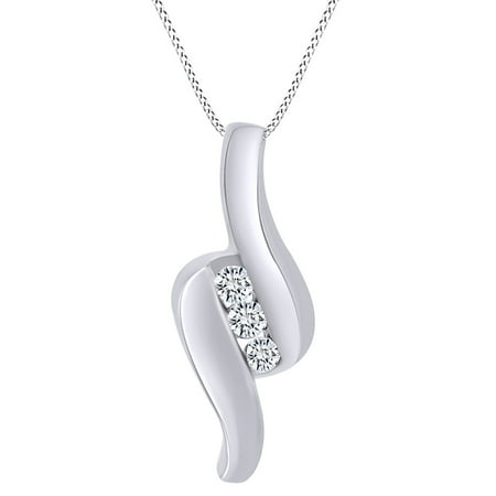 3 Stone Diamond Necklace - 0.15 Carat (Cttw) Round Shape White Natural Diamond Three Stone Pendant Necklace 10K Solid White Gold