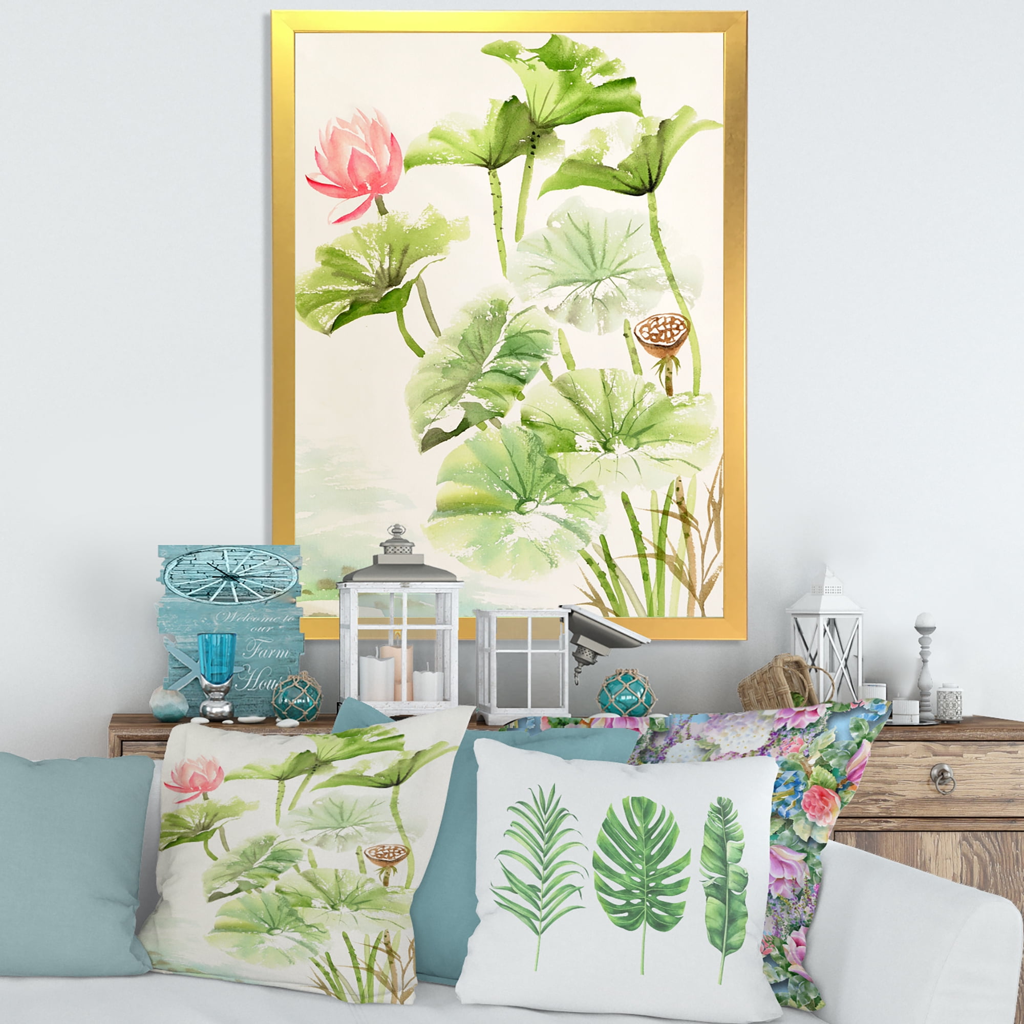 Designart 'Ancient Pink Lotuses In The Pond IV' Traditional Framed Art Print