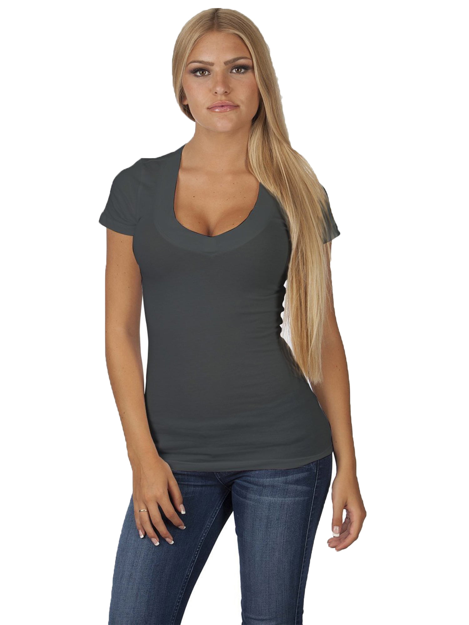 Emmalise - Emmalise Women's Deep V-Neck Short Sleeve T Shirts - Small ...