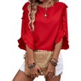 thumbnail image 2 of Women'S Casual Chiffon Blouse Tops 3/4 Ruffled Sleeve V Neck Loose Fit Blouses Shirts Red XL, 2 of 8