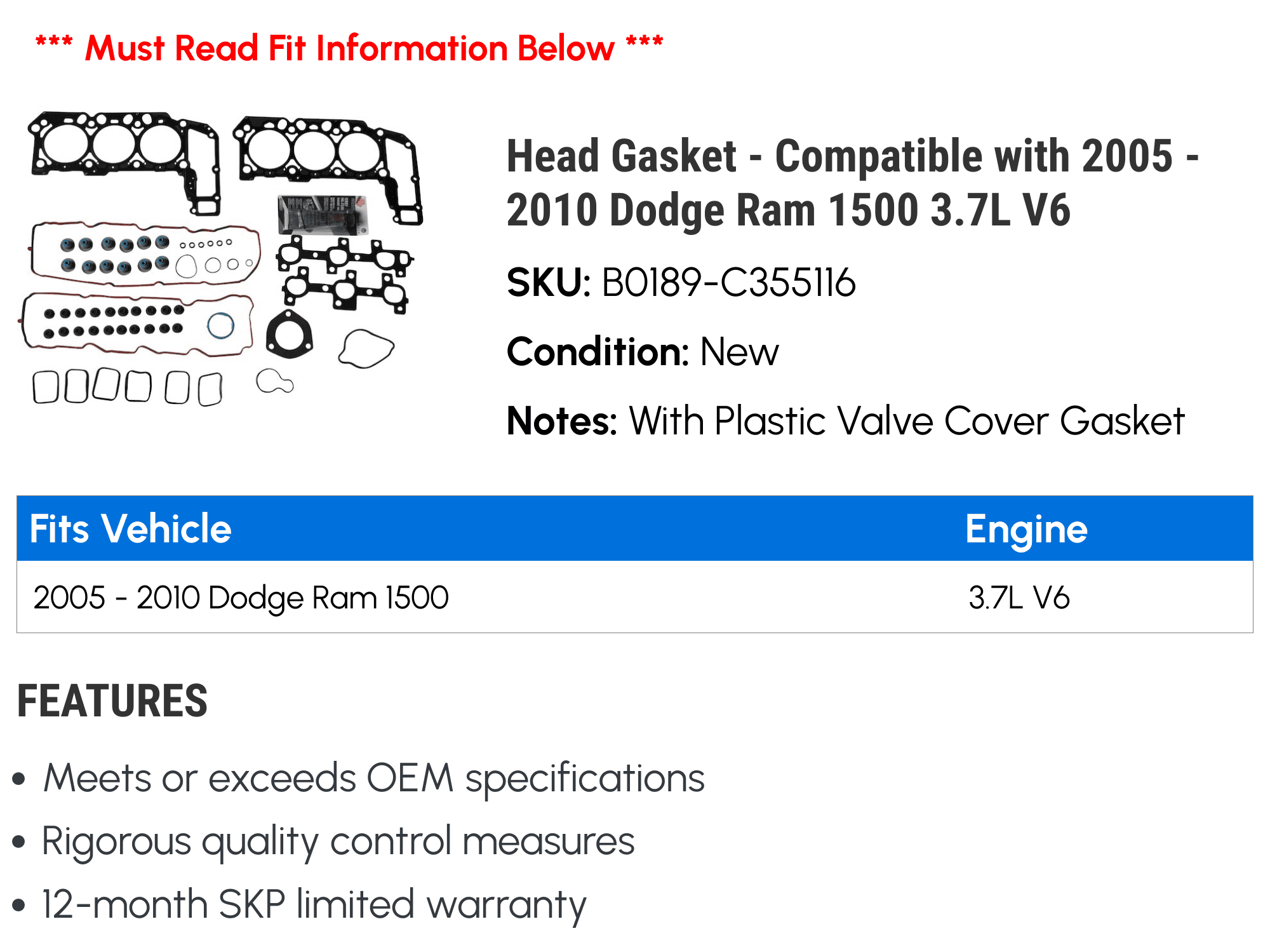 Head Gasket - Compatible with 2005 - 2010 Dodge Ram 1500 3.7L V6 2006 2007 2008 2009