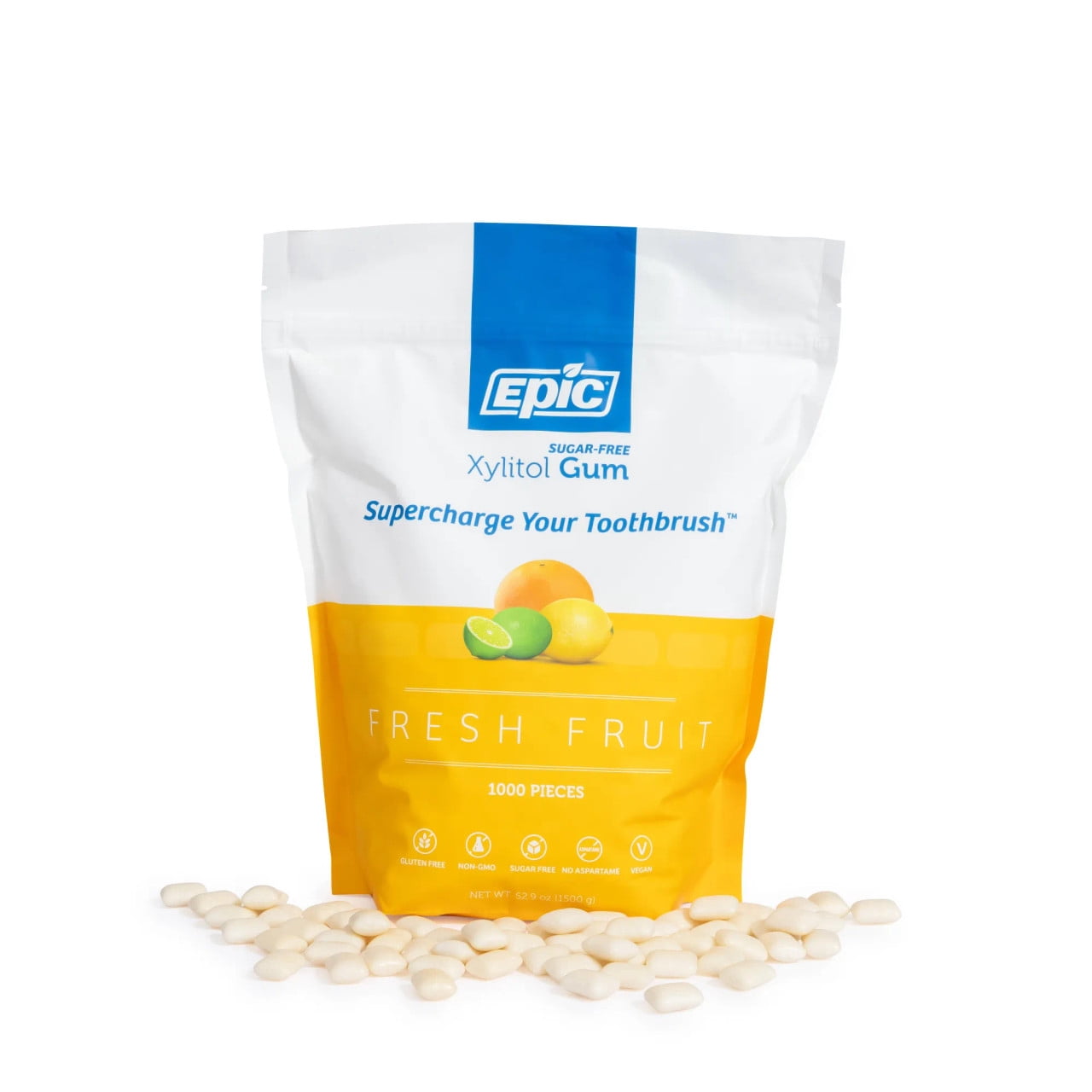 Epic Xylitol Chewing Gum - Sugar Free & Aspartame Free Chewing Gum Sweetened w/Xylitol for Dry Mouth & Gum Health (Fresh Fruit, 1000-Piece Bag, 1 Bag)