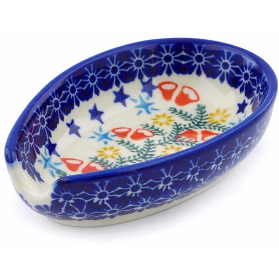 Polish Pottery 5-inch Spoon Rest (Wreath Of Bealls Theme) Hand Painted in Boleslawiec, Poland   Certificate of Authenticity
