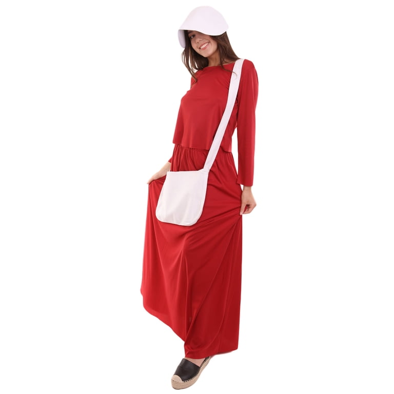 red dresses white bonnets Adult Women's Red Dress Handmaid Costume with Bag and Bonnet HC-227