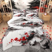 jejeloiu Japanese Style Architecture Full Size Comforter Sets,Vintage Flower Floral Bedding Comforter Set,White Gray Red Bedding Sets For Teens,Microfiber Bedroom Decor Reversible,3 Pieces