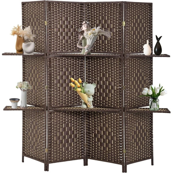 FDW Room Divider 4 Panel Room Screen Divider Wooden Screen Folding, Brown