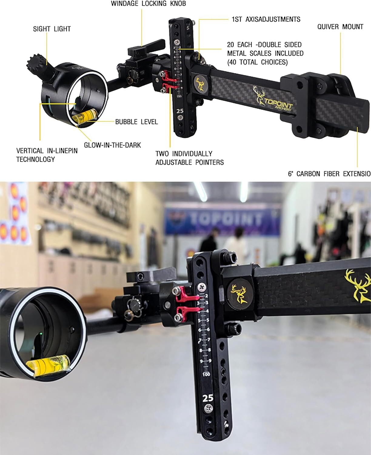SHARROW 1 Pin Compound Bow Sight Carbon 4X 6X 8X Lens 0.019" Adjustable Archery Hunting