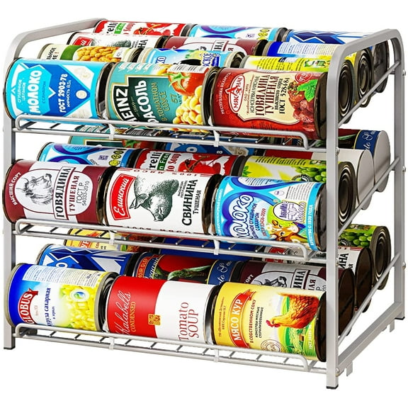 Can Rack Organizer, 3 Tier Stackable Can Storage Dispenser, for Food Storage, Kitchen Cabinets or Pantry, Storage for 36 Cans, Silver