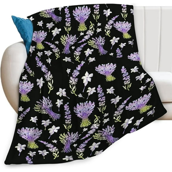 Lavender Blanket Country Purple Flower Black Throw Blankets for Couch Sofa Stuff Decor Lightweight Soft Cozy Fleece Plush Flannel Bedding Blanket for Baby Girls Adults Women 40"x50"