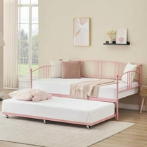Twin Metal Daybed with Trundle, Pullout Trundle Bed Frame with Arched Headboard, Guest Sofa Bed with Steel Slat Support, No Box Spring Required, Easy Assembly, for Living Room, Bedroom, Pink
