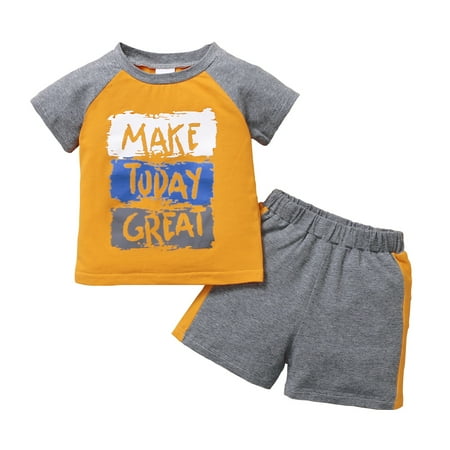 

12 Months Baby Boys Clothes 18 Months Toddler Boys Summer 2PCS Outfits Letter Print Short Sleeve Tops Shorts Set Gray