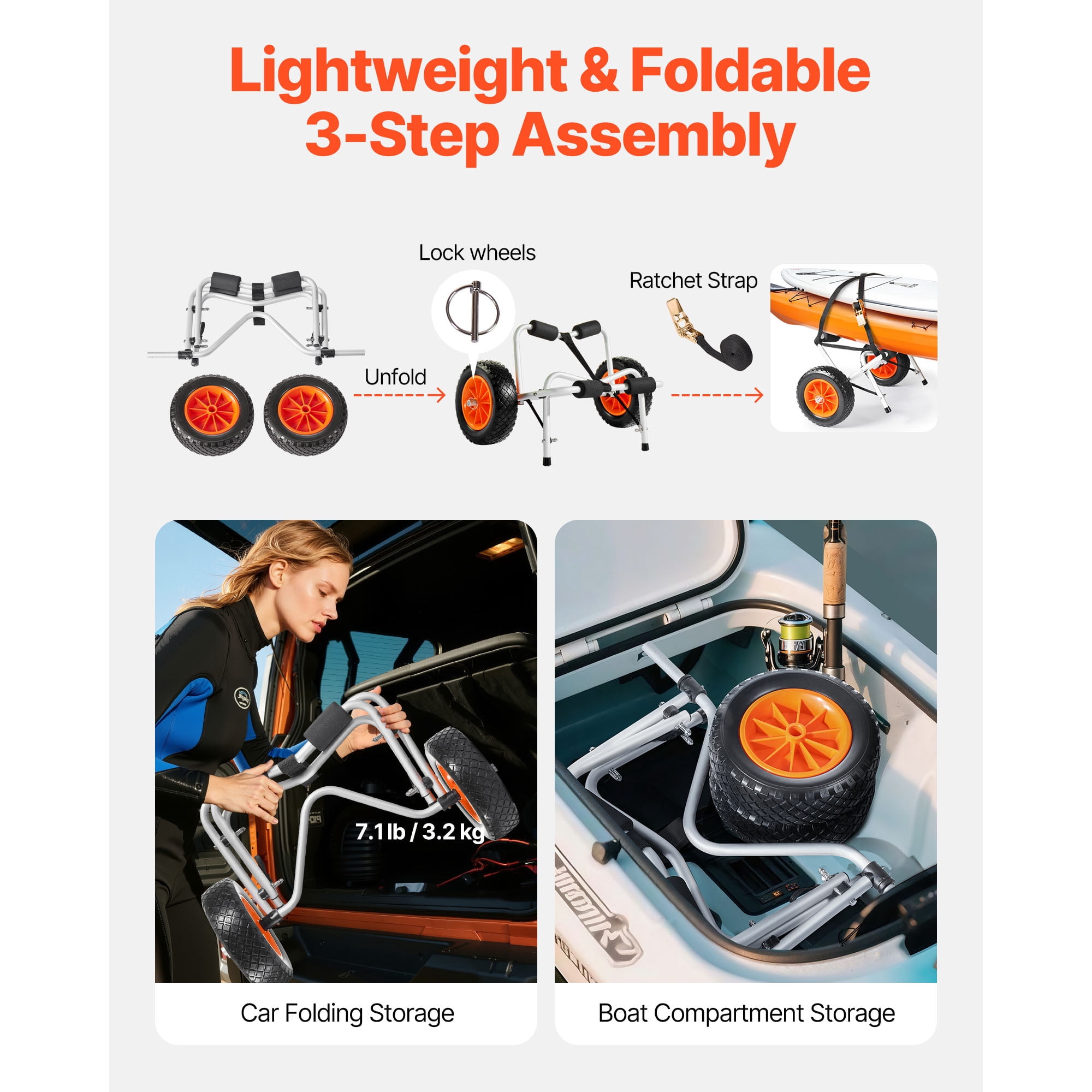 KFFKFF Foldable Kayak Cart with 250 lbs Capacity, Durable Trolley Featuring 10-inch Solid Rubber Tires & Ratchet Strap, Ideal for Transporting Kayaks, Canoes, Paddleboards, Float Mats