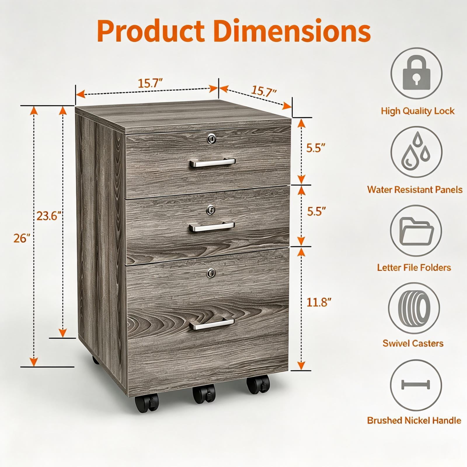 3-Drawer Particleboard Filing Cabinet, 15.7 x 15.7 x 26 in, Grey Oak