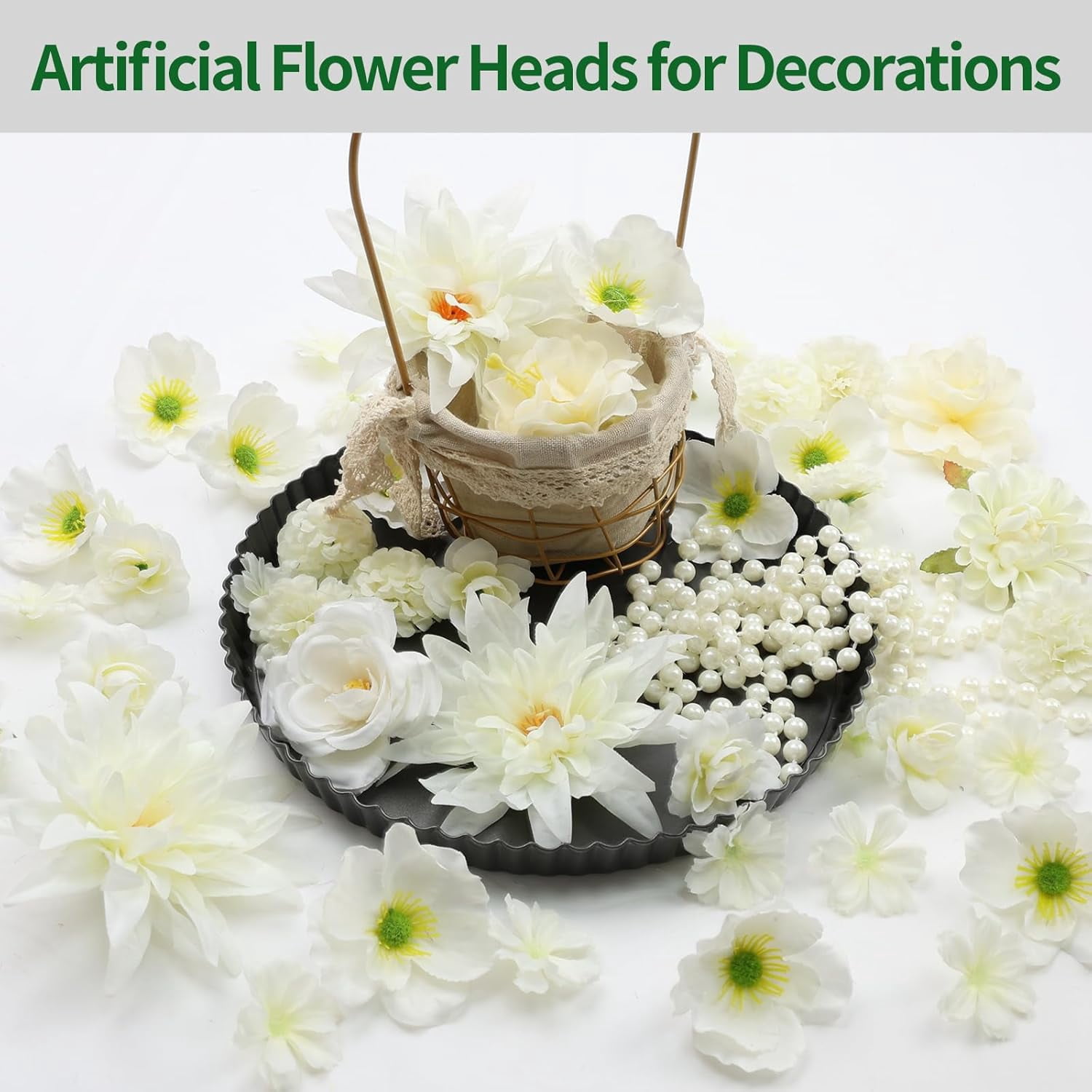 56 PCS Artificial Flower Heads White Bulk Fake Rose Peony Hydrangea Faux Flowers Small for Crafts Wedding Hair Cap Dresses Cake Baby Shower Decorations