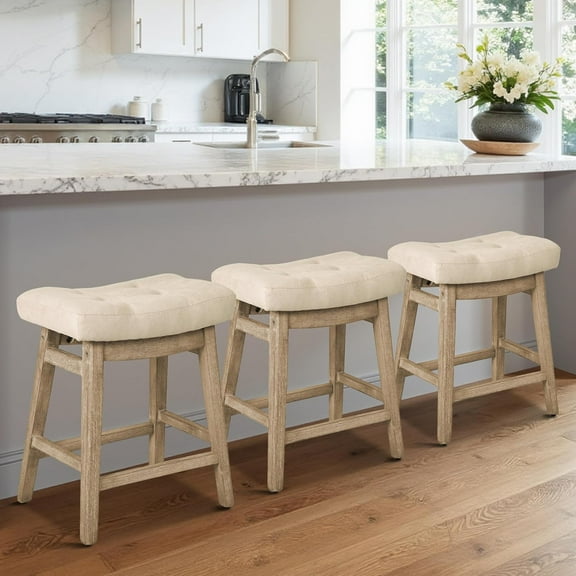 Counter Height Bar Stools Set of 3 for Kitchen Counter Farmhouse Modern Barstools with Upholstered Fabric Backless Seat and Solid Wood Legs 24 inch Bar Chairs, Khaki Wood Color