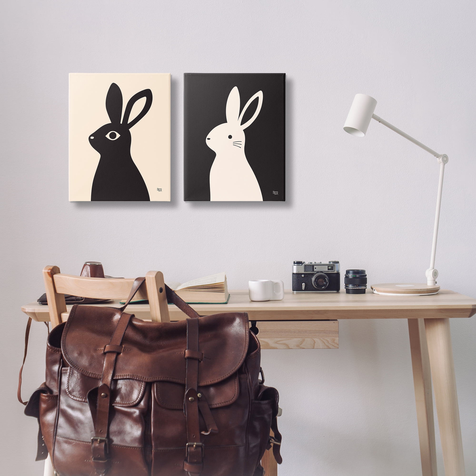 Stupell Industries Cream & Black Rabbits Animals Painting Wrapped Canvas Art Print Wall Art, 16 x 20, Set of 2