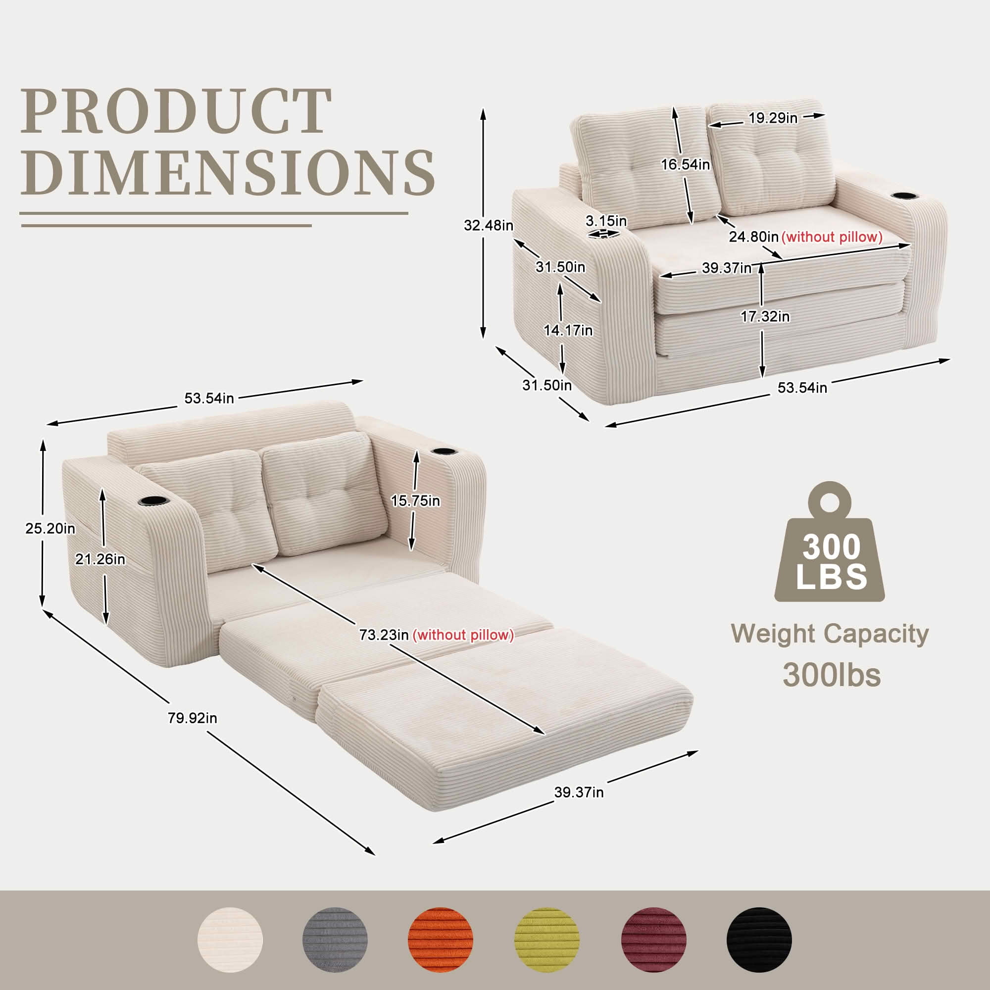 MAYEERTY 2-in-1 Convertible Expandable Sofa Bed, Fold Out Corduroy Floor Couch with Pillows, Side Pockets & Cup Holders for Bedroom Small Living Room